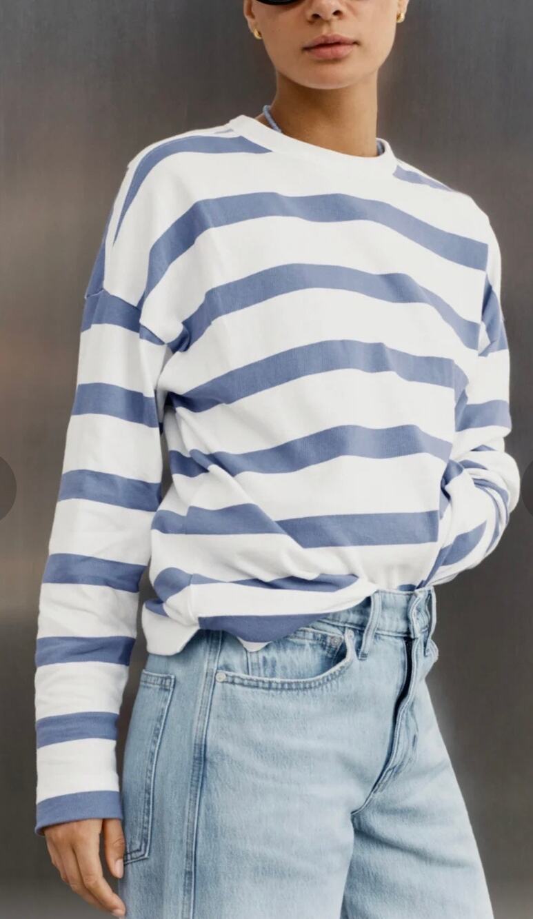 AYR The Early Mornings T-Shirt Long Sleeve Overcast Blue Striped Cotton Sz S